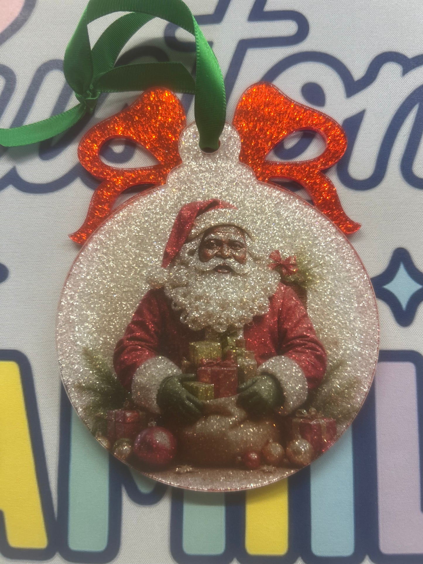 Jolly Santa with Bow overlay ornament