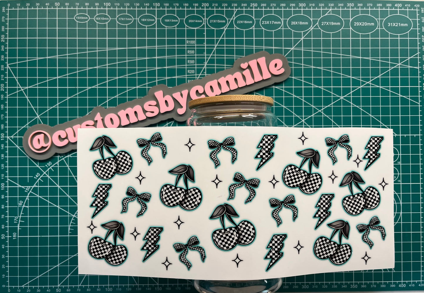 #243 Teal/Black/White Cherries decal